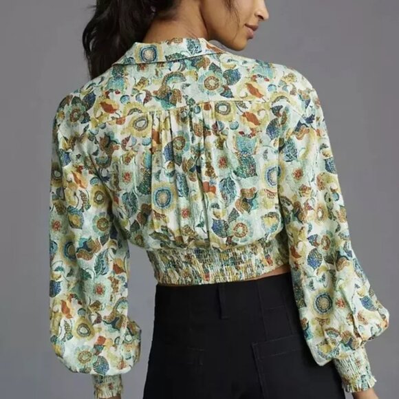 By Anthropologie Twist Crop Top Set Smocked Floral Printed Wrap Blouse Women's M - Picture 1 of 13